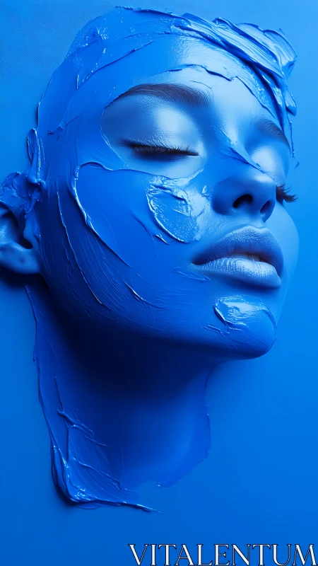 Blue sculpted face merges paint, skin, and serene emotion.