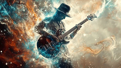 Electric guitarist silhouette immersed in dynamic nebular energy