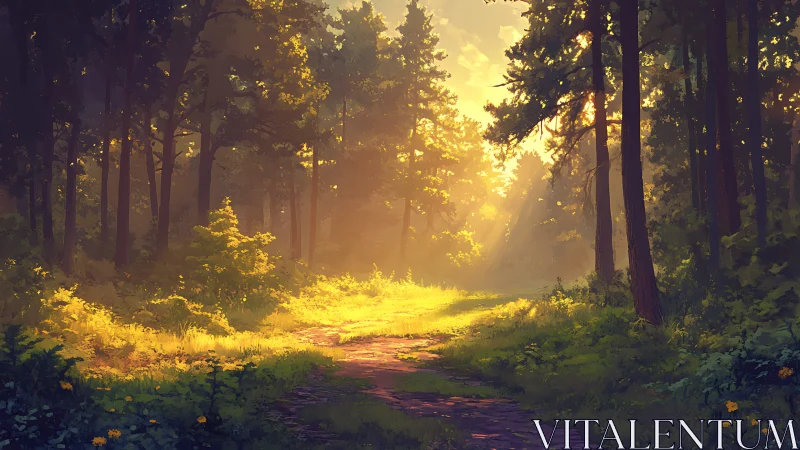 Golden Forest Path Where Sunlight Meets Adventure.