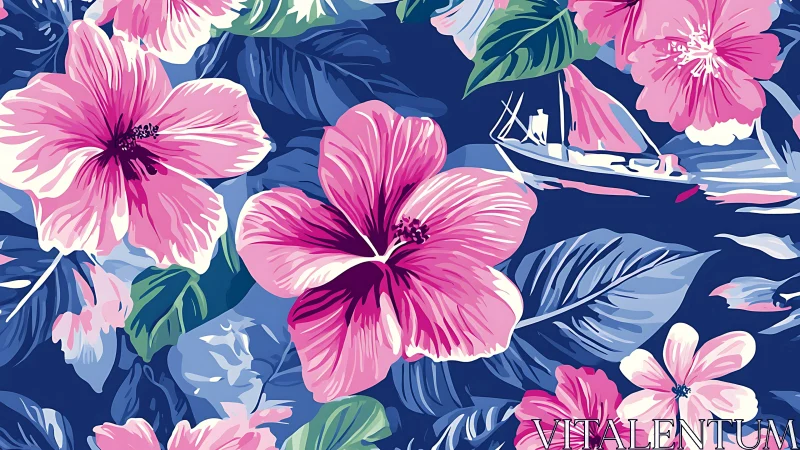 Tropical Floral Pattern with Nautical Element on Navy Background