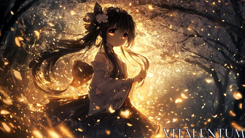 Lanternhearted girl wandering through burning blossom dusk.