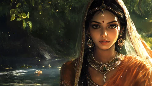 Mystical woman in jeweled sari gazes beside a twilight river