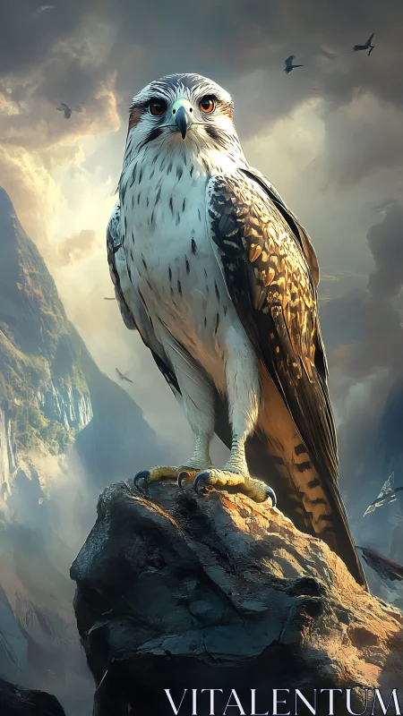 Raptor perched on rock in mountainous atmospheric landscape.
