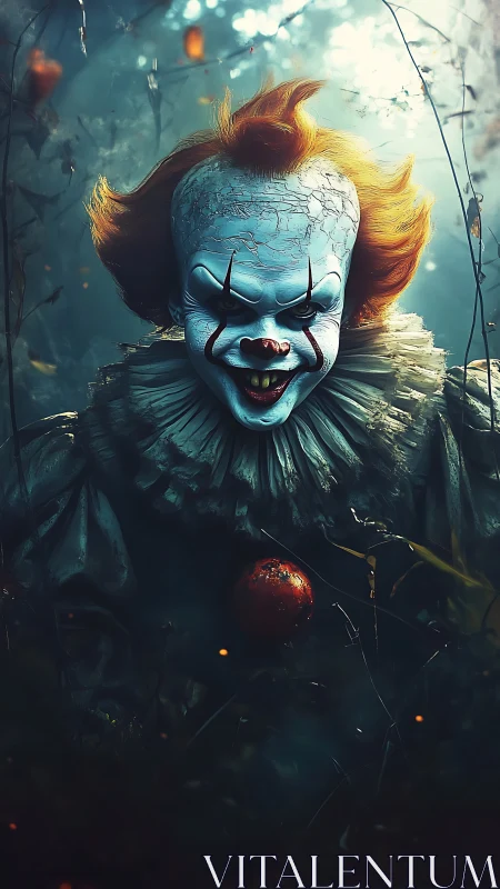 Menacing horror clown with cracked face in dark forest.
