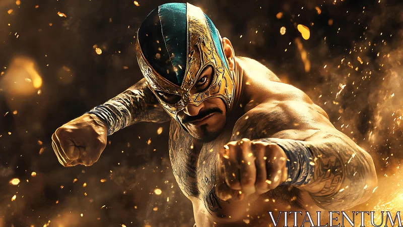 Masked luchador charging through a storm of golden sparks.