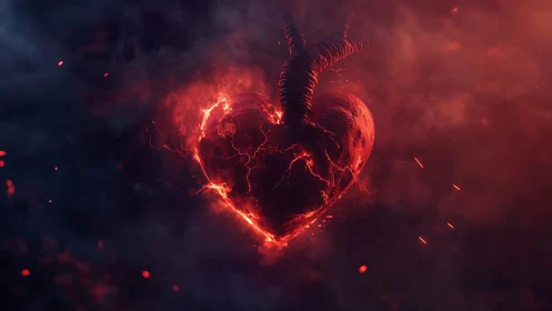 Demonic heart with horns ablaze in fiery red glow.