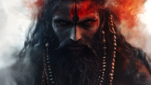 Fire-veiled ascetic with stormlit eyes and burning shadow.