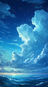 Luminescent storm clouds tower above a tranquil open sea.