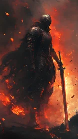 Flaming armored knight stands amid swirling inferno.