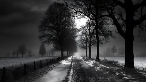 Moonlit winter road cuts through a haunting silent landscape