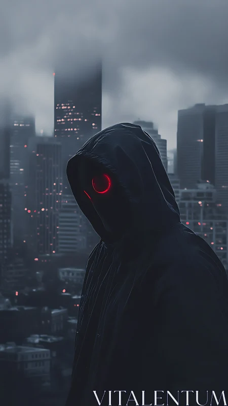 Hooded red-eye ghost prowls a rain-soaked neon skyline.
