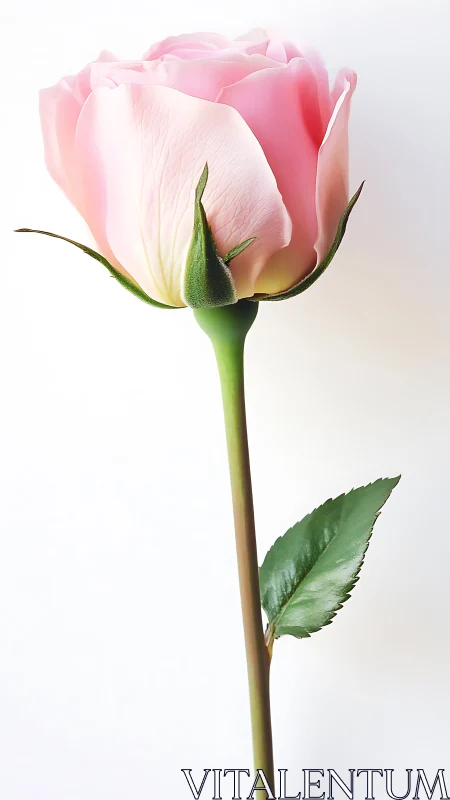 Single pink rose specimen with green stem and foliage.