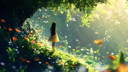 Sunlit forest glade with dreaming girl in yellow dress.