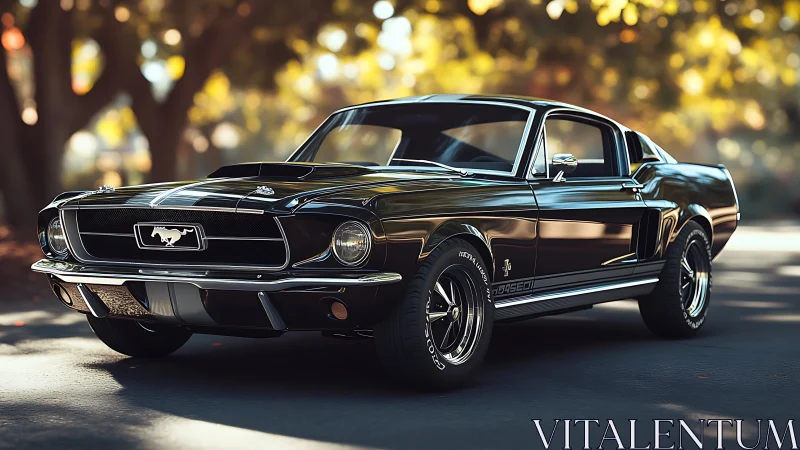 Photorealistic black Mustang fastback in sunlit street scene.