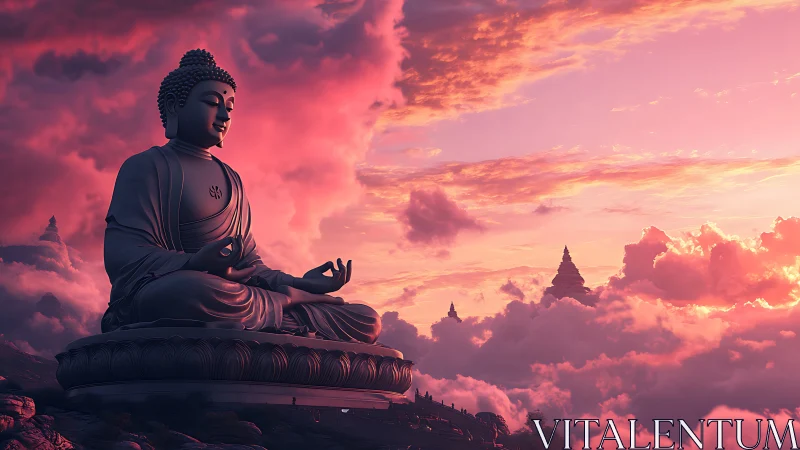 Serene Buddha statue above clouds at radiant pink sunset.