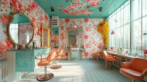 Floral turquoise salon interior with retro glamour details.