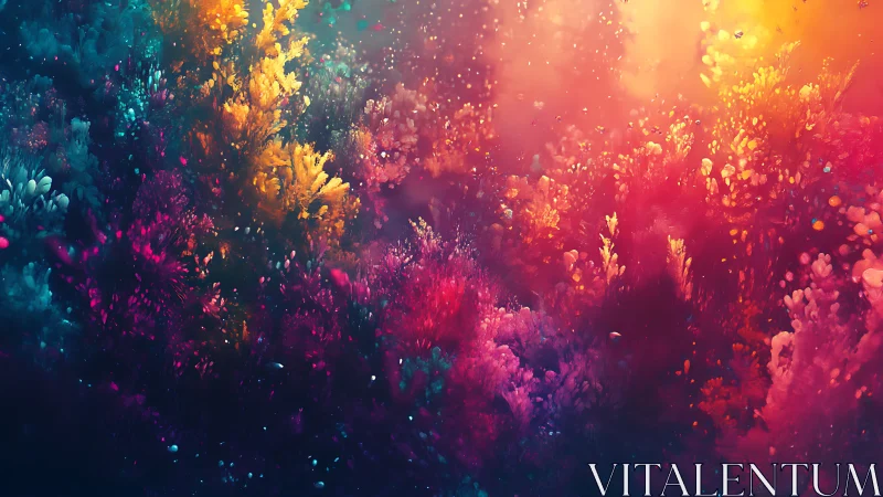 Radiant neon coral forest shimmers in a dreamy ocean haze