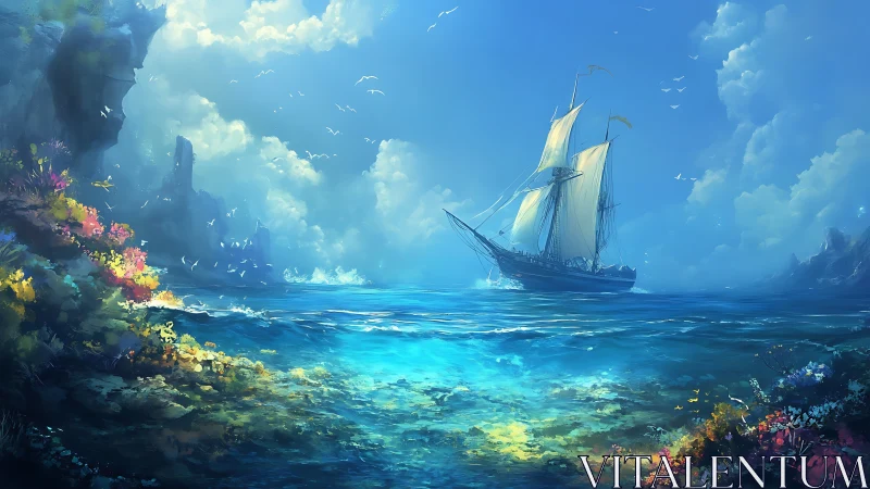 Sailing vessel crossing luminous tropical coastal shallows.