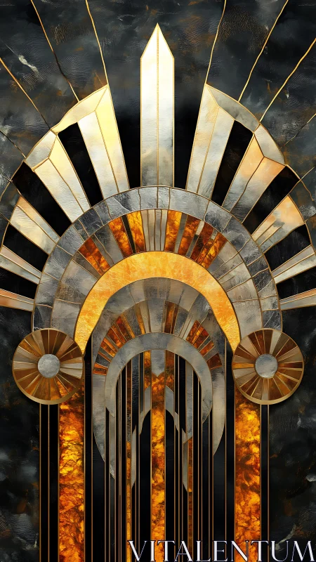 Art Deco geometric sunburst with metallic arches and pillars