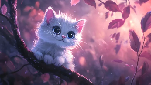 White Kitten on Branch in Magenta Forest Glow.