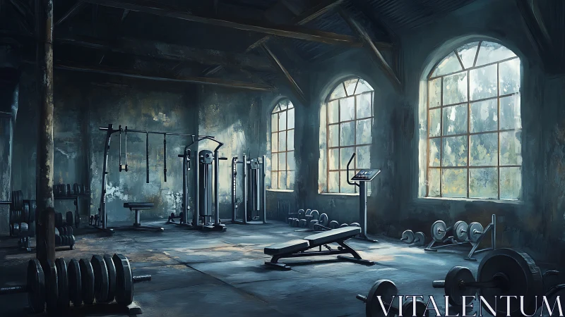 Industrial daylight weight room with analog strength apparatus.