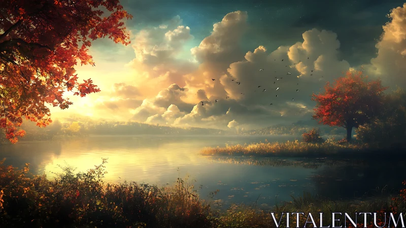 Autumn shoreline lake at golden hour with volumetric clouds