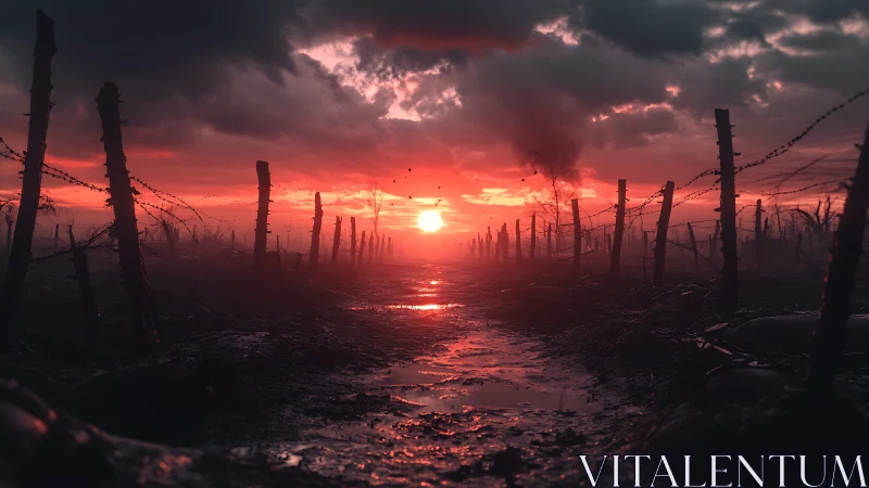 Barbed wire battlefield at sunset with reflective crater pools.