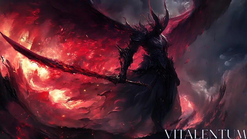 Armored winged demon stands in red flaming storm clouds