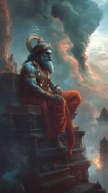 Serene blue deity resting above a misty ancient cityscape.