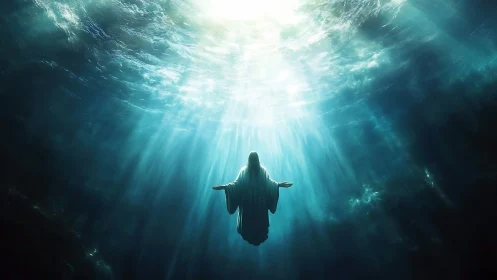 Underwater ascension scene with glowing celestial light.