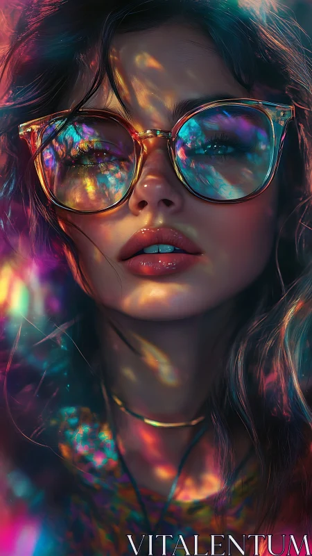 Dreamy girl in glowing glasses gazes through rainbow light