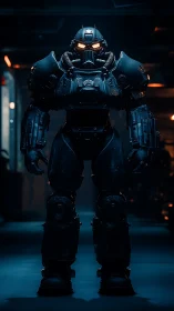 Heavily armored humanoid mech in dim industrial interior.