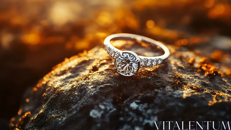 Diamond engagement ring sparkles on rock at golden sunset.