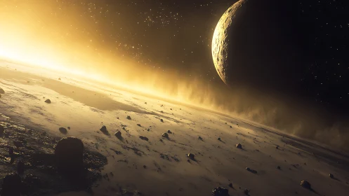 Rocky alien horizon under crescent planet and dust glow.