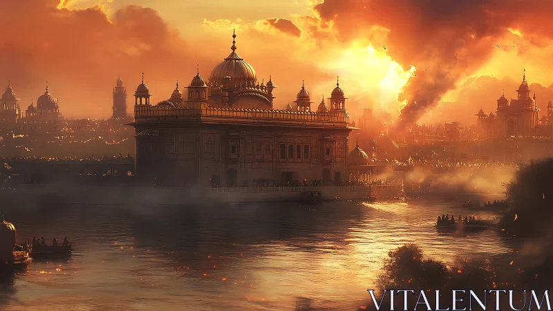 Sunlit domed riverside temple rendered in cinematic digital art