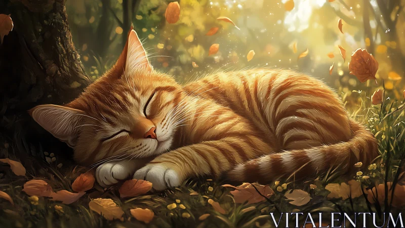 Ginger Tabby Cat Resting in Autumn Forest Glow.