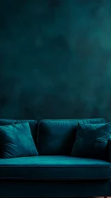 Teal velvet sofa in moody monochrome interior scene.