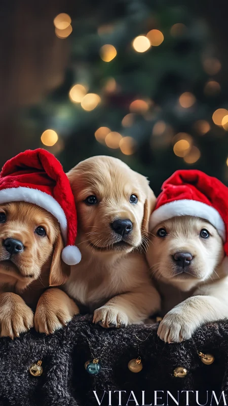 Santa hat puppy trio guarding the softly glowing tree.