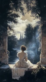 Solitary woman in silk gown overlooking moonlit river.