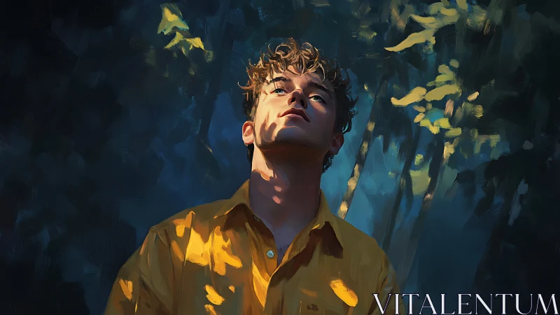 Young man in dappled forest light rendered as digital painting
