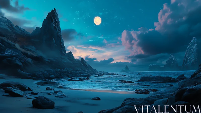 Moonlit rocky shoreline under deep blue twilight sky.