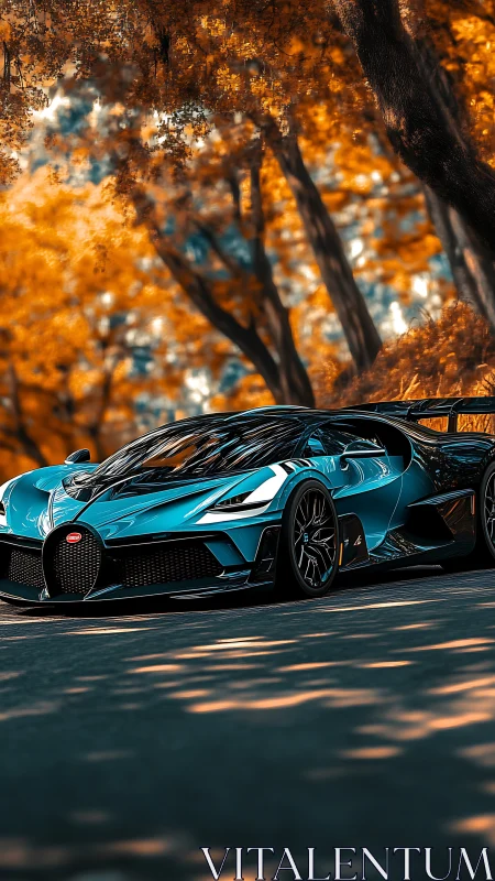 Blue hypercar stands on sunlit road under autumn trees