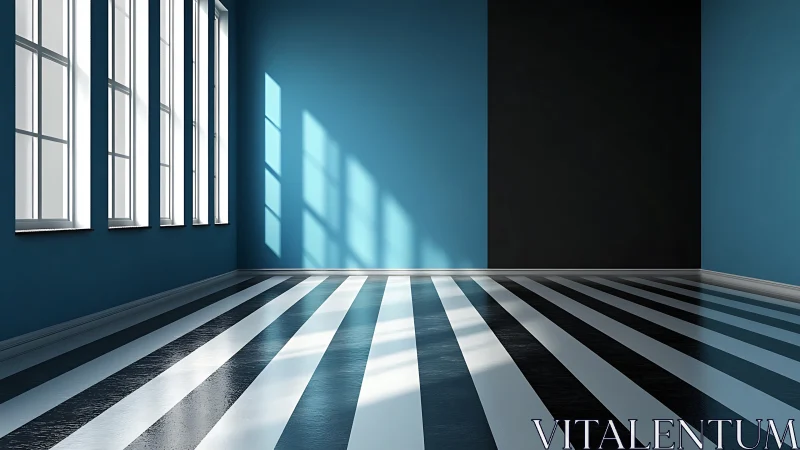 Striped sunlit chamber where shadows play geometry games.