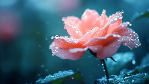 Coral pink flower with water droplets on blue toned background.