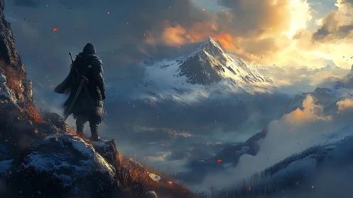 Cloaked swordsman overlooking sunlit alpine ridge in storm