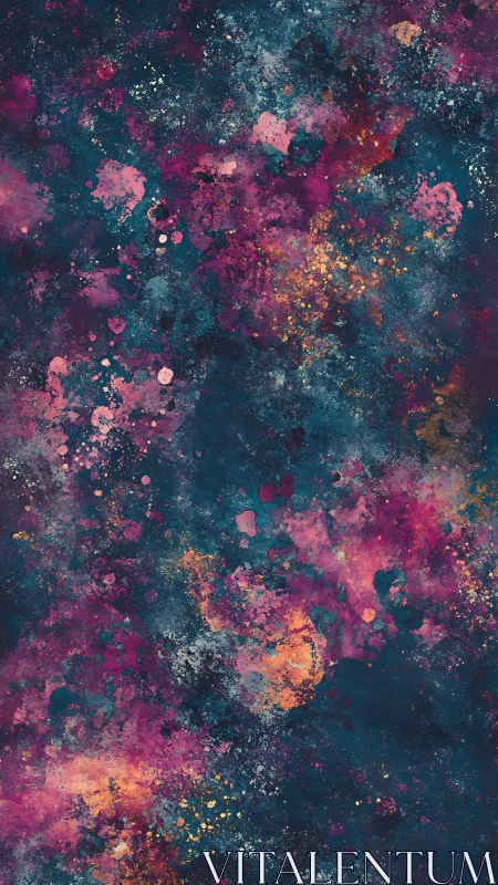 Nebula splatter abstract with teal, magenta, and gold glow.