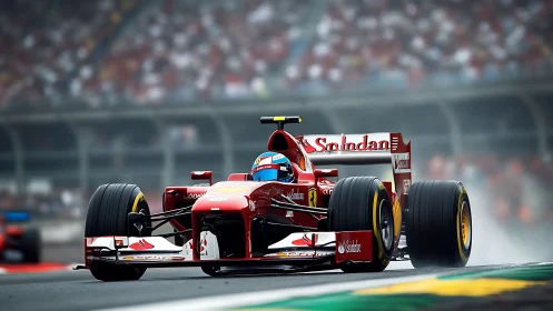Front-on Formula 1 car under wet race conditions with shallow DOF