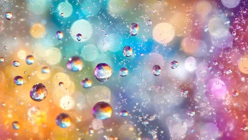 Prismatic droplets drift like tiny planets through blurred starlight