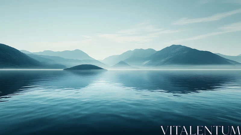 Photorealistic misted lake with layered alpine mountainscape.