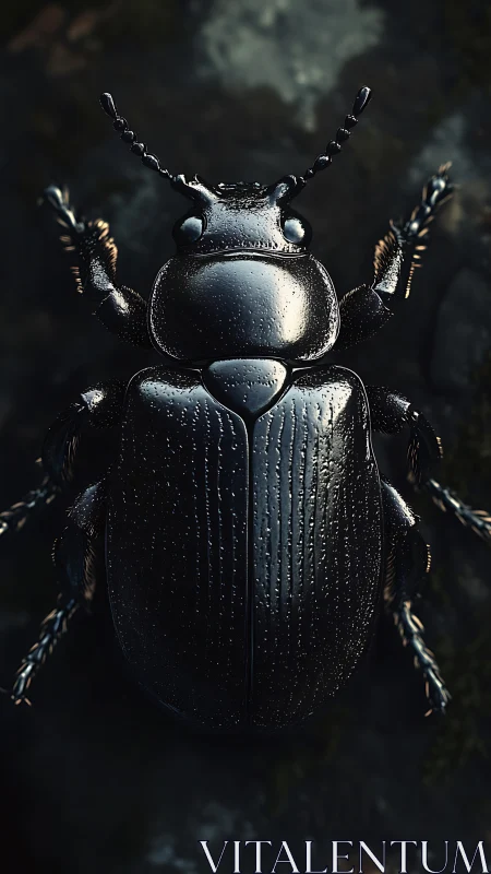 Macro black beetle study with glossy carapace texture.